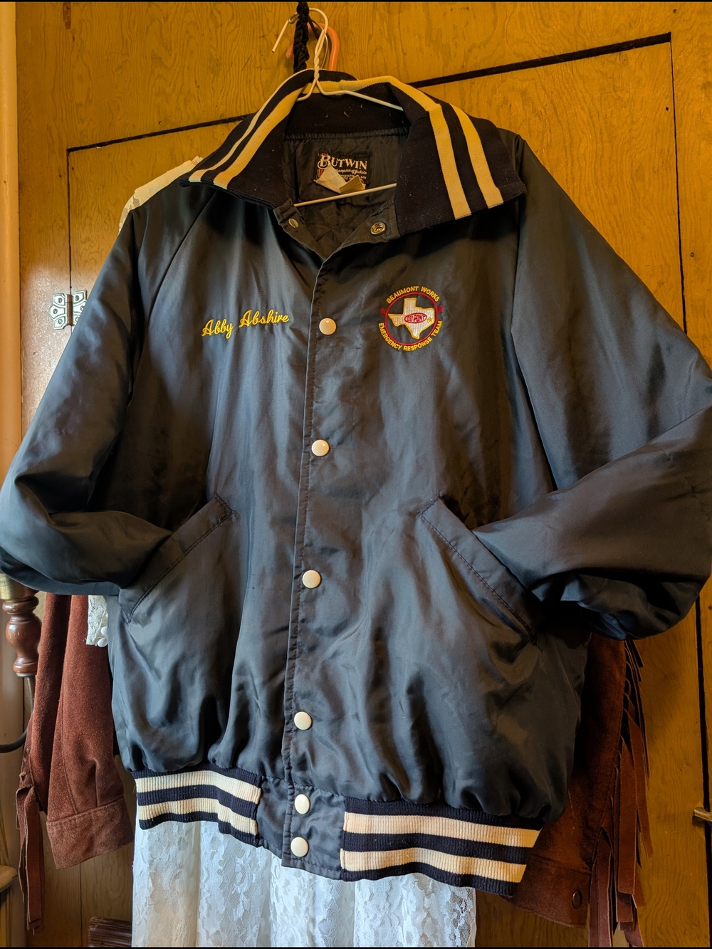 Retro 80's Navy Embroidered Bomber Jacket Windbreaker Snap Button Abby Coat Sz M - Picture 5 of 6